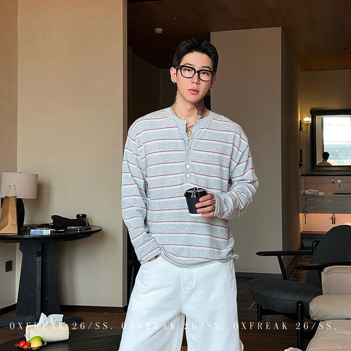 S8 No. 727 Striped Henley Long-Sleeve Tee by 88Society Apparel